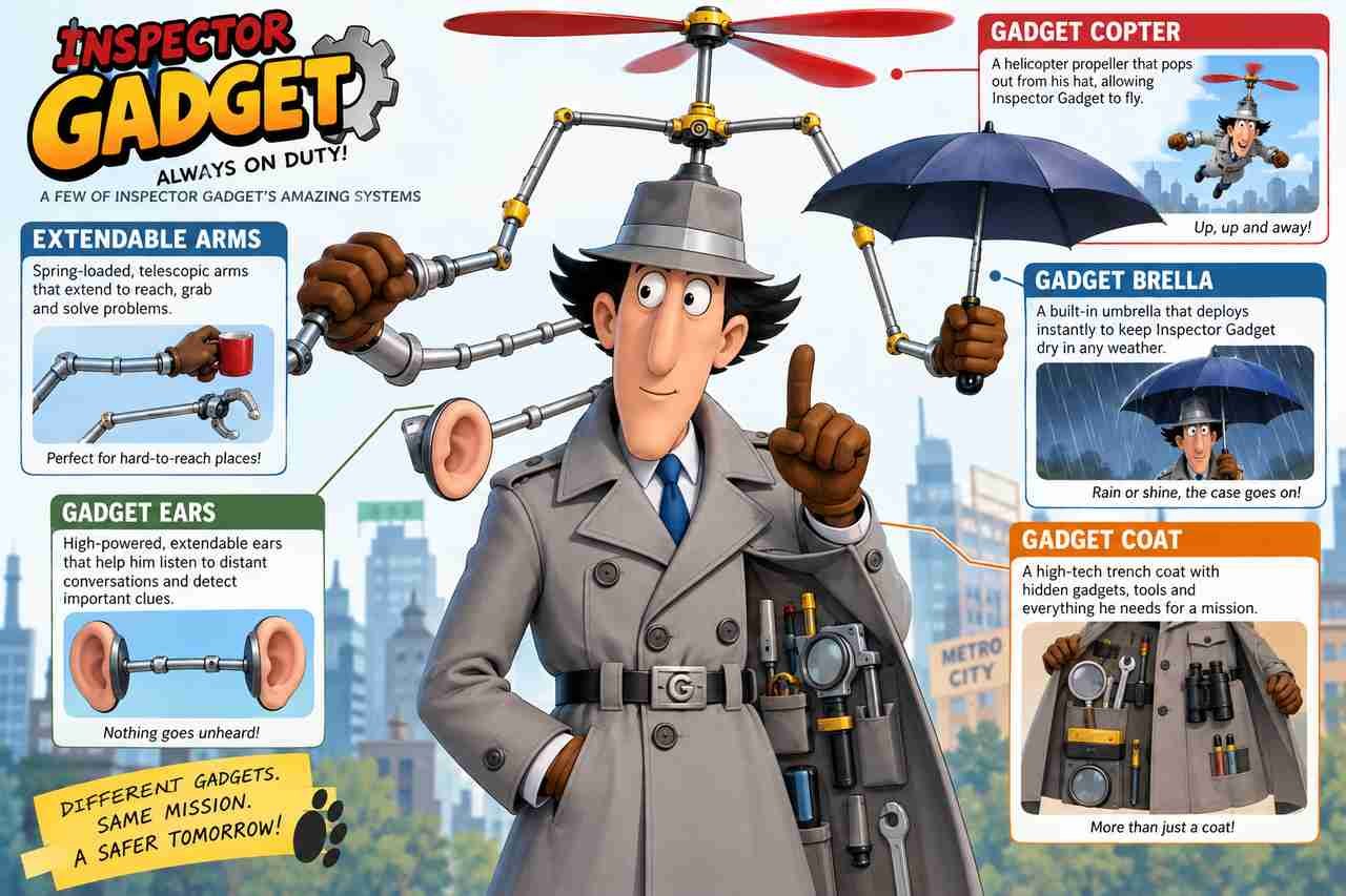 Diagram of Inspector Gadget fictional gadgets and mechanical features